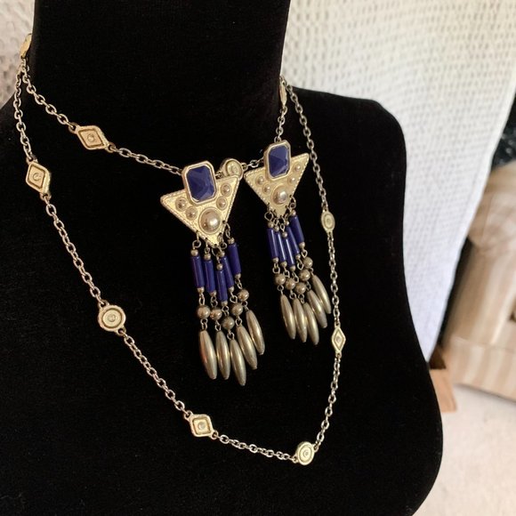 Vintage 80's Silver & Blue Beaded Dangle Earrings Set - Picture 6 of 12